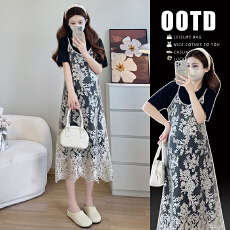 实拍#孕妇连衣裙夏装2026新款时尚短袖裙子拼接蕾丝吊带裙两件套