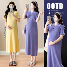 批发实拍#孕妇<b class='q'>夏装</b><b class='q'>连衣裙</b>2026新款时尚紫色减龄翻领五彩扣短袖冰丝裙