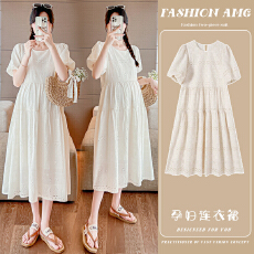 批发实拍#孕妇夏装<b class='q'>连衣裙</b>2026新款时尚夏季宽松短袖镂空花边孕妇A字裙