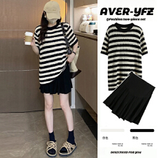 批发新品#孕妇夏装套装2026新款夏季镂空条纹短袖针织上衣+短裙两件套