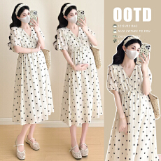 批发实拍#孕妇<b class='q'>连衣裙</b>夏季2026新款法式气质显瘦<b class='q'>波点</b>V领短袖A字裙