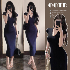 新品#孕妇连衣裙夏季2026新款纯欲风高弹显瘦V领冰爽丝针织长裙女