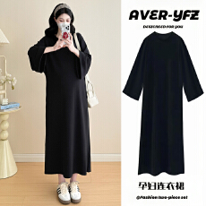 批发实拍#孕妇连衣裙秋装2025新款<b class='q'>春</b>秋季韩版宽松九分袖空气层小黑裙