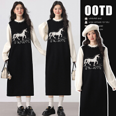 批发#<b class='q'>孕妇</b><b class='q'>连衣裙</b>春装2026新款春秋小马提花立领长款假两件针织裙子