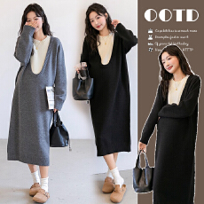 批发新品#孕妇<b class='q'>连衣裙</b>秋装2025新款秋冬时尚洋气宽松大码<b class='q'>撞色</b>针织裙子