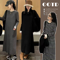 批发新品#<b class='q'>孕妇</b><b class='q'>春装</b><b class='q'>连衣裙</b>2026年新款春秋季时尚甜美条纹长袖针织长裙