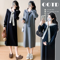 批发实拍#<b class='q'>孕妇</b><b class='q'>连衣裙</b>春季2026新款春秋时尚宽松休闲海军领t针织长裙女