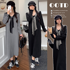 批发实拍#<b class='q'>孕妇</b><b class='q'>连衣裙</b>2026新款春季宽松休闲海军领t针织裙女长袖送披肩