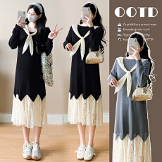 批发实拍#<b class='q'>孕妇</b><b class='q'>连衣裙</b>2026新款春季宽松休闲圆领t针织拼蕾丝长裙带披肩