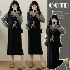 批发实拍#<b class='q'>孕妇</b><b class='q'>连衣裙</b>春季2026新款春秋时尚翻领提花小马针织假两件裙