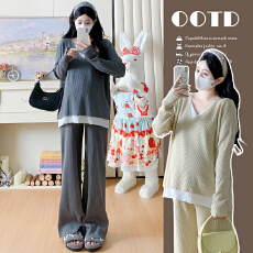 批发实拍#孕妇<b class='q'>秋</b><b class='q'>装</b>套<b class='q'>装</b>2026<b class='q'>新款</b>春秋加厚V领假两件上衣+阔腿<b class='q'>裤</b><b class='q'>两件套</b>