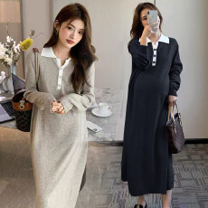 批发大货#孕妇连衣裙秋装2025新款<b class='q'>春</b>秋宽松简约休闲polo领针织裙长裙