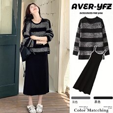 批发新品#孕妇秋装套装2025新款秋冬慵懒风加厚条纹毛衣+吊带裙两件套