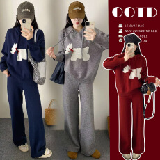 批发新品#<b class='q'>孕妇装</b>秋冬套装时尚加厚刺绣小狗连帽毛衣+休闲阔腿裤两件套