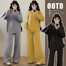 实拍#孕妇秋冬装套装2025新款减龄加厚针织连帽上衣+阔腿裤两件套