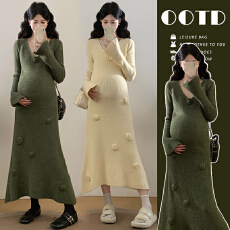 实拍#孕妇冬装连衣裙2025新款秋冬季法式V领针织重工花朵毛衣长裙