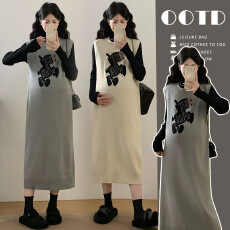 批发实拍#<b class='q'>孕妇</b><b class='q'>连衣裙</b>秋冬装2025新款宽松简约休闲背心裙+打底衫两件套