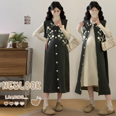 批发实拍#<b class='q'>孕妇</b><b class='q'>连衣裙</b>秋冬装2025新款简约花朵休闲背心裙+打底裙两件套