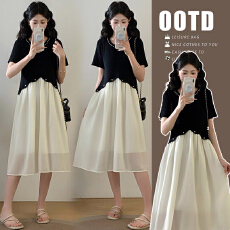 批发实拍#孕妇<b class='q'>连衣裙</b>夏装2026新款时尚高级短袖拼接雪纺<b class='q'>钉珠</b>气质A字裙