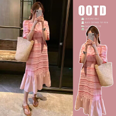 批发新品#孕妇夏装连衣裙2026新款甜美雪纺拼接条纹短袖A字裙夏季长裙