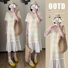 批发新品#孕妇夏装<b class='q'>连衣裙</b>2026新款甜美雪纺<b class='q'>拼接</b>条纹短袖A字裙夏季长裙