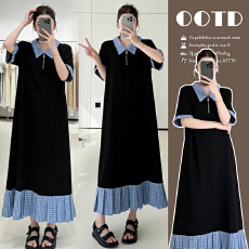 批发新品#孕妇夏装<b class='q'>连衣裙</b>2026新款夏季气质短袖拼接格子翻领显瘦长裙