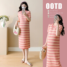 实拍#孕妇连衣裙夏装2026新款镂空花朵设计冰丝条纹减龄针织裙子