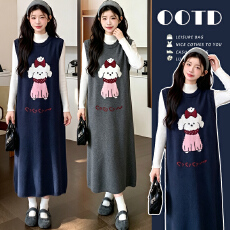 批发新品#孕妇秋冬装套装2026新款小狗刺绣背心裙女+长袖打底衫两件套