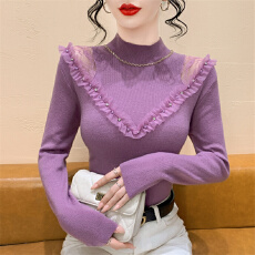 批发实拍 设计感<b class='q'>网纱</b>蕾丝钉钻针织衫秋冬新款洋气修身显瘦打底衫毛衣