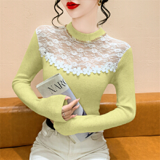 批发实拍 秋冬新款法式性感<b class='q'>蕾丝</b>钉钻透视针织衫接拼花朵<b class='q'>打底衫</b>毛衣