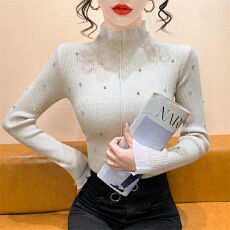 批发实拍 气质半高领镶钻雪纺拼接针织衫秋冬新款修身长袖打底衫毛衣