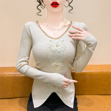 批发实拍 性感<b class='q'>蕾丝</b>花朵钉钻V领针织衫秋冬新款气质显瘦修身<b class='q'>打底衫</b>毛衣