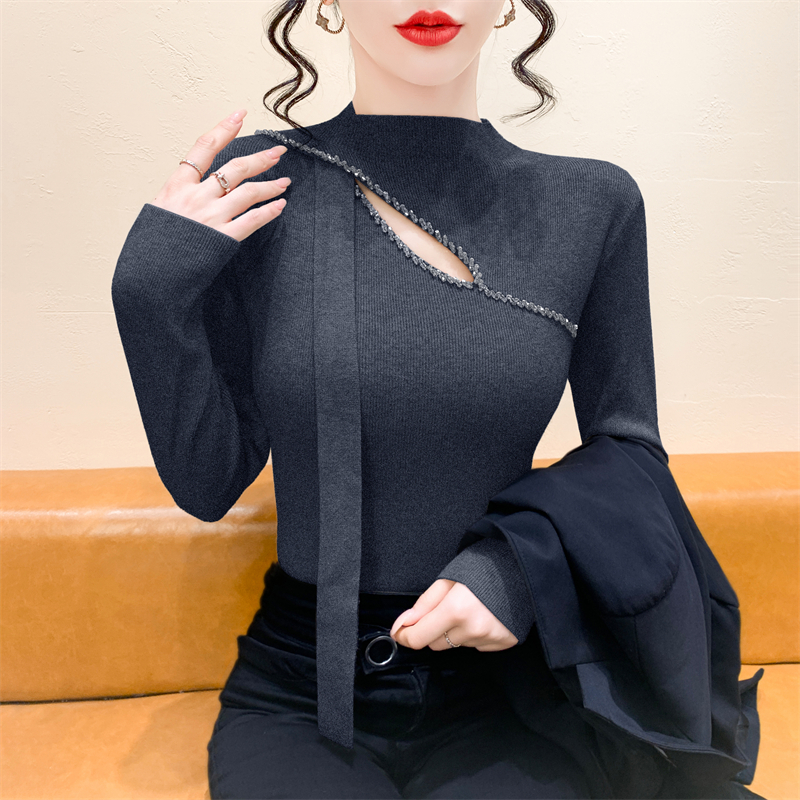 실사 반하이넥 디자인 센스 홀로우 아웃 못 훈련 맨위 가을 겨울 새로운 프랑스식 품격 슬림해 보이는 니트 스웨터 스웨터