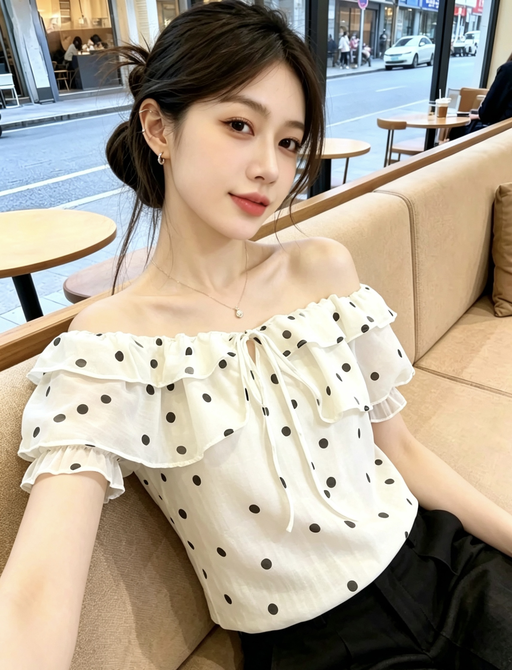 같이 갔다. 새싹 프랑스식 품격 프릴 여성 셔츠 여름 새로운 품격 달콤함 도트 무늬 맨위 오프숄더