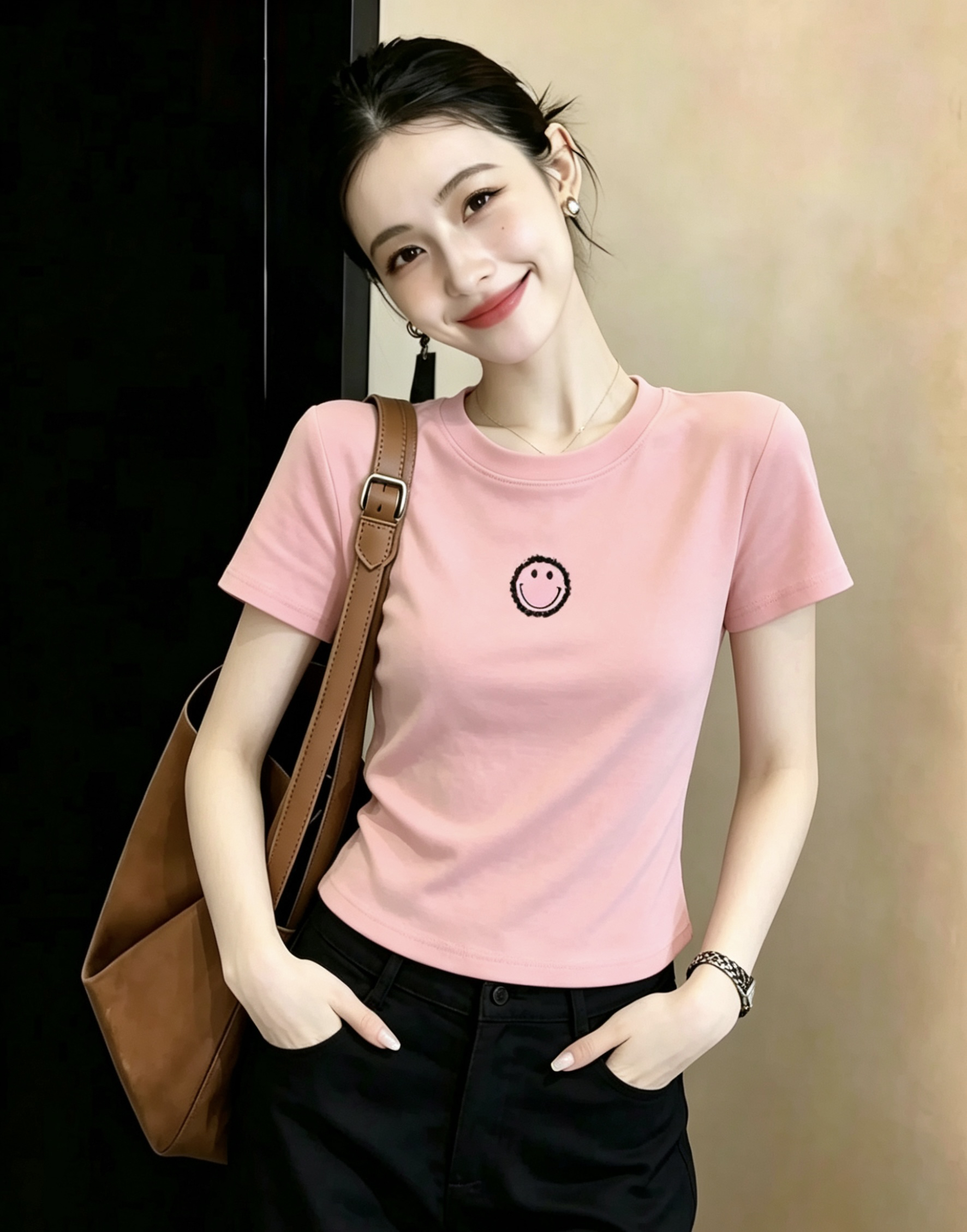 2026 새로운 여름 드레스 무거운 작업 비즈 박기 웃는 얼굴 막대기 표준 긍정적 인 어깨 몸매 가꾸기 반팔 티셔츠