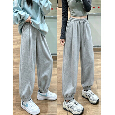 批发S-4XL 灰色束脚哈伦裤子女新款休闲显瘦高腰<b class='q'>运动</b>抽绳卫裤子女