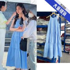 批发宋轶明星同款法式蓝色无袖抽褶<b class='q'>连衣裙</b>女夏季温柔风显瘦气质长裙子