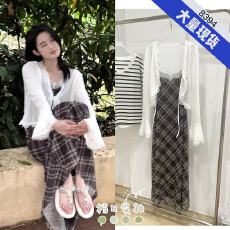 批发黄杨钿甜同款蕾丝花边针织开衫防晒上衣格纹吊带<b class='q'>连衣裙</b>长裙两件套