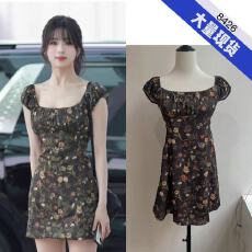 批发郑雅娴<b class='q'>同款</b>法式复古碎花<b class='q'>连衣裙</b>女夏季甜辣收腰方领泡泡袖a字短裙