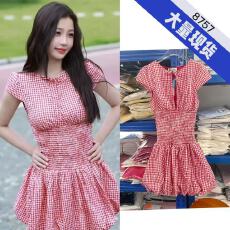 批发虞书欣同款格纹短袖蓬蓬裙俏皮减龄镂空系带修身连衣裙度假风裙子