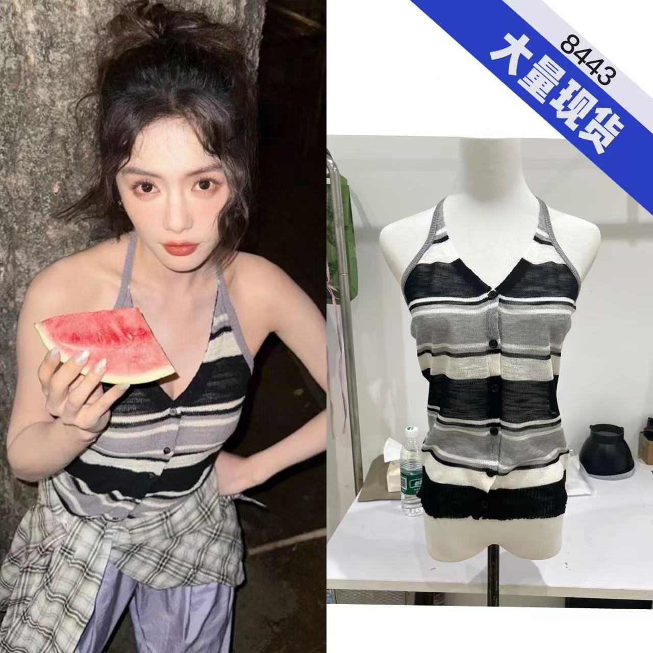 다섯 하 카이 웬 징 같은 단락 V넥 몸매 가꾸기 배색 스트라이프 레트로 행침 목 니트 스웨터 핫걸 백리스 쇼트 스타일 맨위