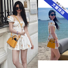 批发刘亦菲<b class='q'>同款</b>穿搭泡泡袖印花<b class='q'>连衣裙</b>女装夏季方领蕾丝花边a字短裙子