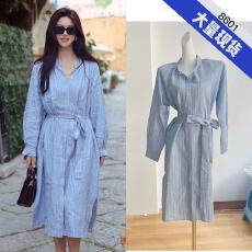 批发朱珠同款蓝色条纹衬衫连衣裙女早<b class='q'>秋</b>季收腰显瘦气质高级感系带裙子