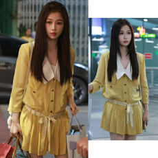 批发双轨虞书欣姜暮同款黄色深V<b class='q'>娃娃领</b>系带<b class='q'>连衣裙</b>法式气质百褶短裙子