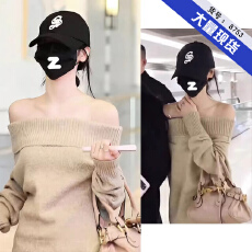 批发田中杏奈<b class='q'>明星</b><b class='q'>同款</b>一字领露肩针织衫女秋冬宽松性感中长款毛衣上衣