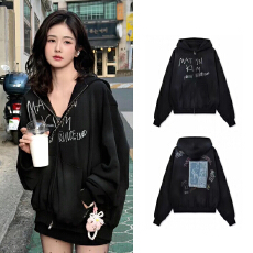 批发宁艺卓同款美式字母印花休闲卫衣女慵懒风做旧洗水连帽情侣外套潮