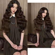 批发张元英同款娃娃领拼色甜美<b class='q'>百褶</b>连衣裙少女学院风宽松短袖公主裙