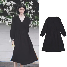 批发鞠婧祎<b class='q'>同款</b>黑色提花<b class='q'>连衣裙</b>长款开衫松弛风2026春夏新款系带裙子