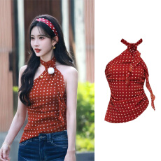 批发孟子义同款红色波点复古挂脖背心女夏季外穿修身显瘦辣妹<b class='q'>无袖</b><b class='q'>上衣</b>