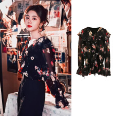 批发我的山与海谭松韵方婉之同款<b class='q'>印花</b><b class='q'>雪纺衫</b>上衣女早春绝美荷叶边衬衫